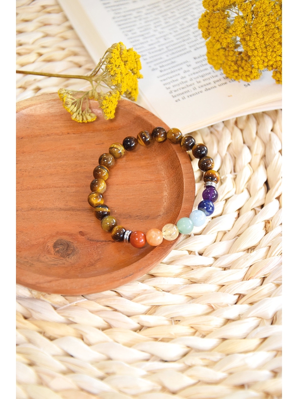 Bracelet 7 Chakras Oeil de tigre Perles rondes 8 mm