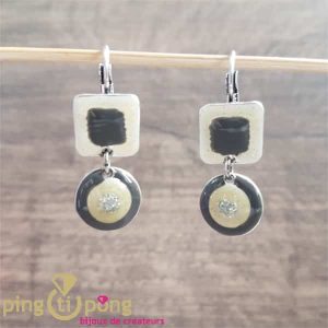 Boucles d’oreilles vintage en émail anthracite, blanc cassé