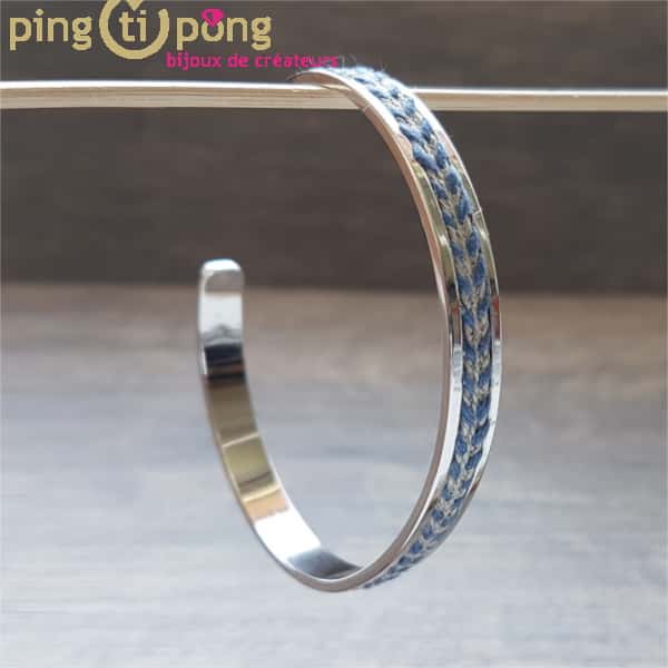 Bracelet jonc original LOU en argent et lin bleu O. LAFOND – Image 2