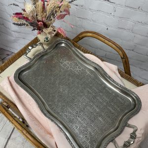 Grand plateau rectangulaire métal argenté vintage maroc