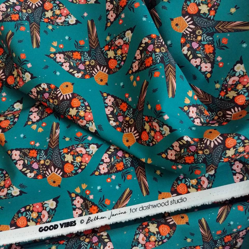 Tissu Good Vibes Hirondelles Bleu Paon
