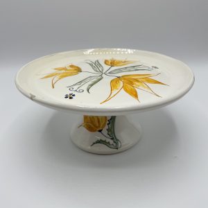 Compotier ou serviteur à pied en terre cuite fleurs jaunes