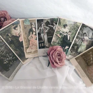 Lot de 7 cartes postales anciennes couple au jardin