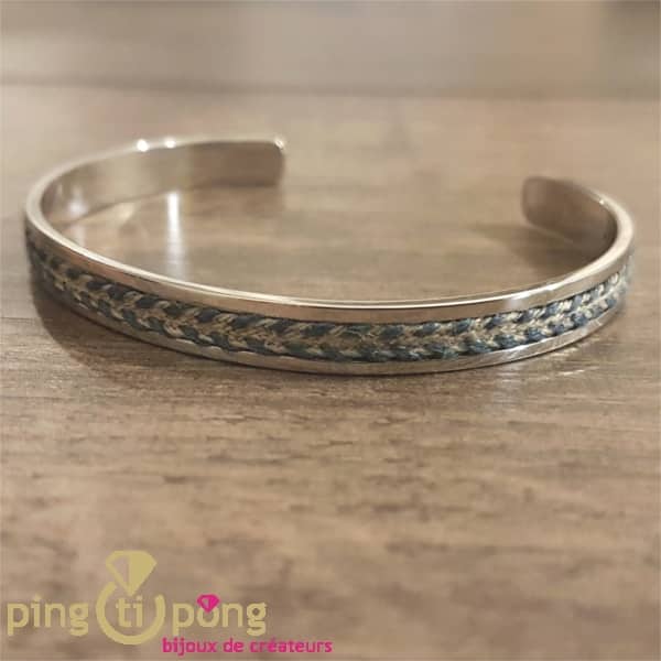 Bracelet jonc original LOU en argent et lin bleu O. LAFOND – Image 3