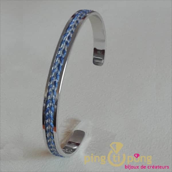 Bracelet jonc original LOU en argent et lin bleu O. LAFOND – Image 5