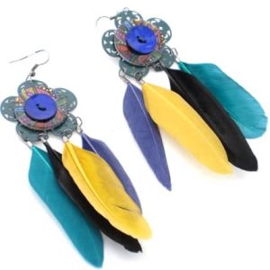Boucles d’oreilles boutons et plumes harmonie bleu vert jaune