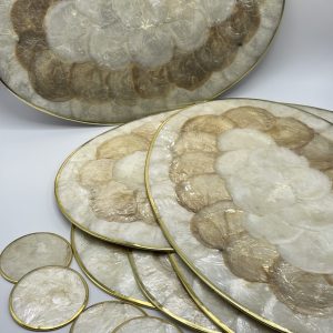 Lot de 6 sets de table et 6 dessous de verre vintage en nacre et cerclage dore