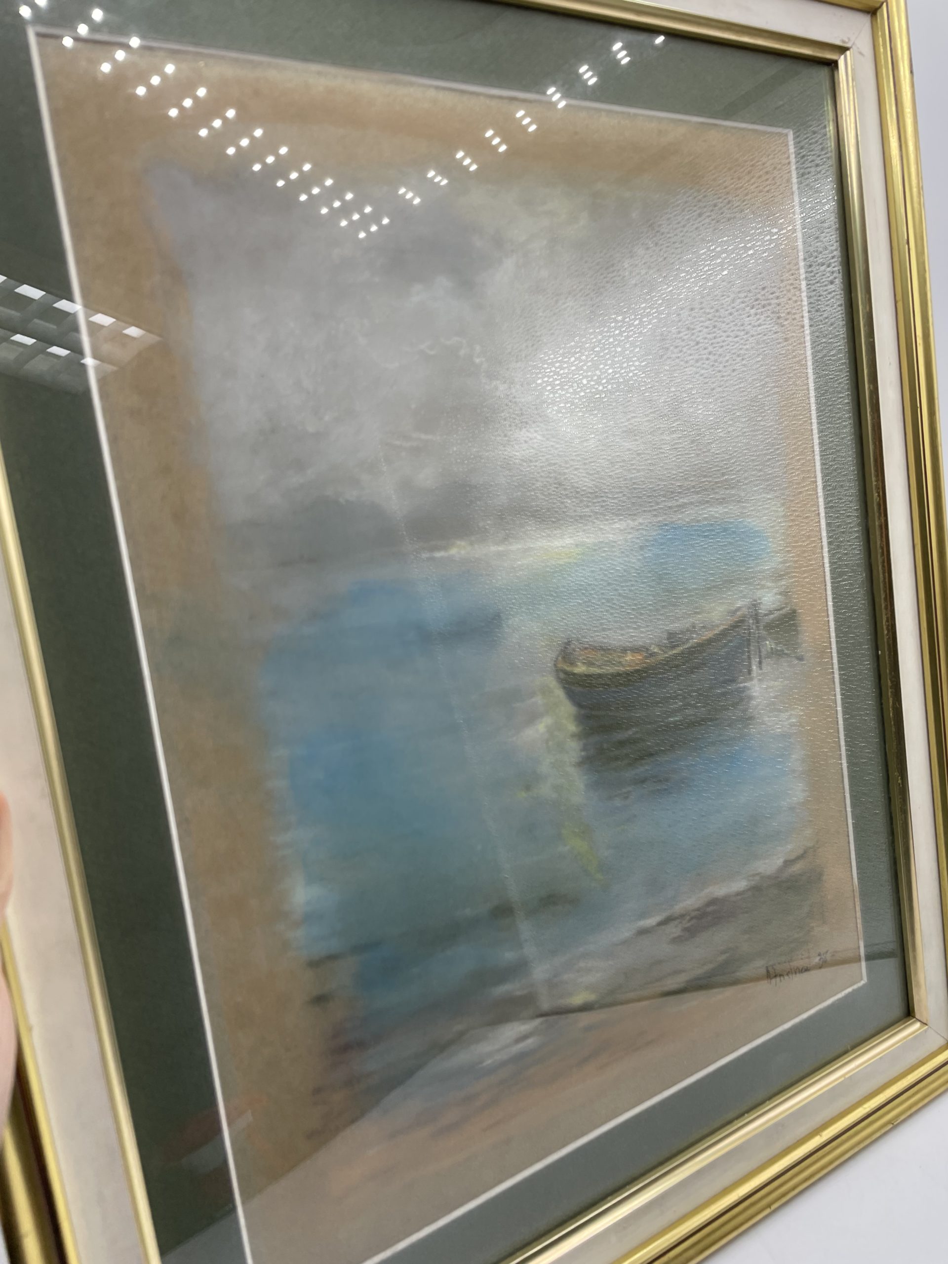 Tableau pastel aquarelle Mer calme paysage bateau 1938 – Image 6