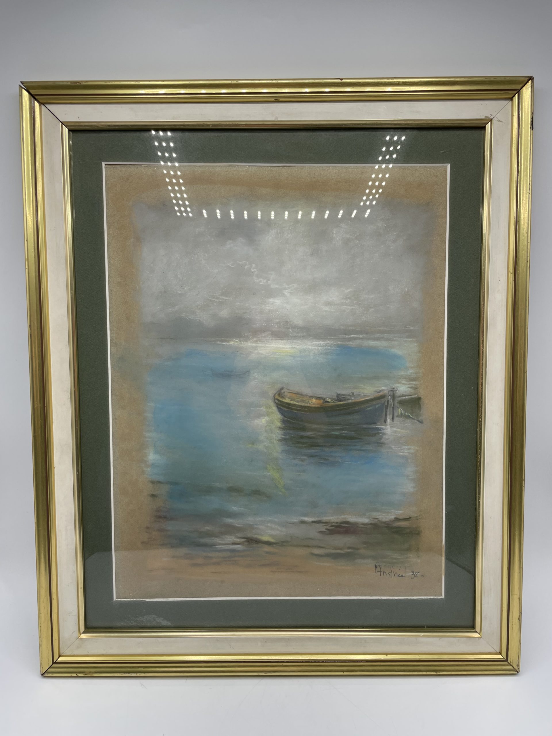 Tableau pastel aquarelle Mer calme paysage bateau 1938 – Image 9