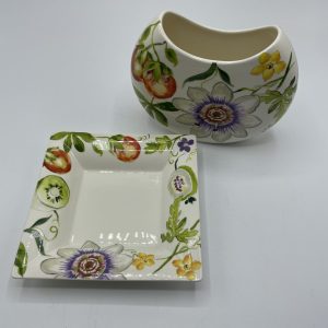 Duo de collection vase dei lune coupelle porcelaine de Giens Passiflore Agathe Charlot